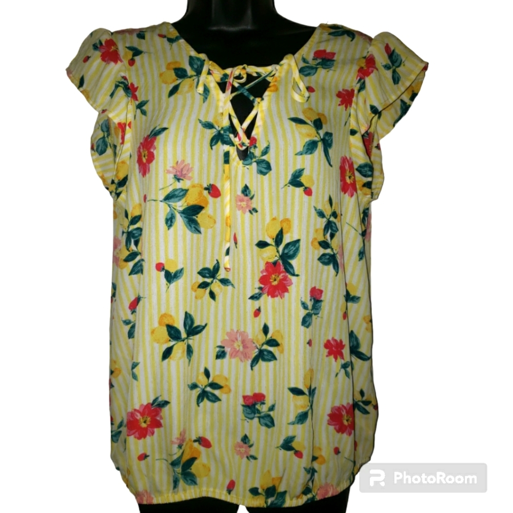 Charming Charlie Yellow "Floral and Fruity" Sheer Floral Top